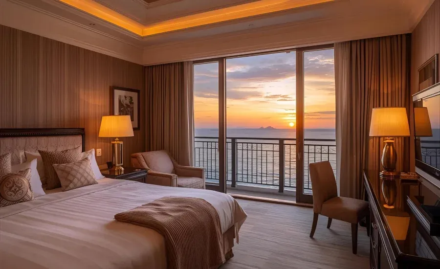 hotel room with a sea view during sunset