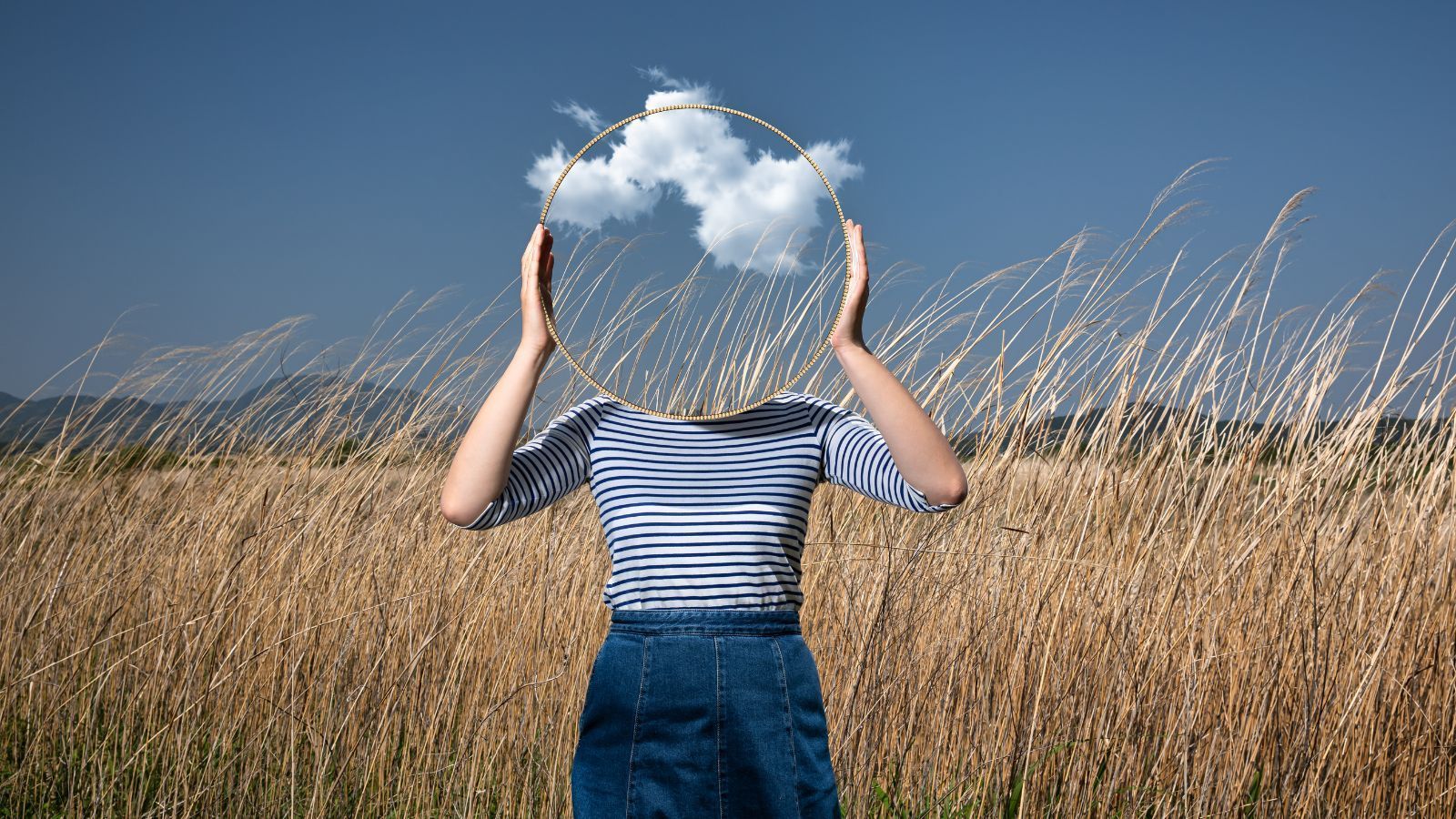 `Surreal portrait of a person standing in a grassy field with a fluffy cloud replacing their head`