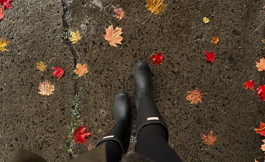 person's black boots walking in wet pavement with autumn leaves