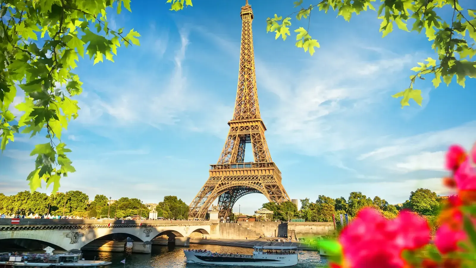 paris eiffel tower sunny day and flowers