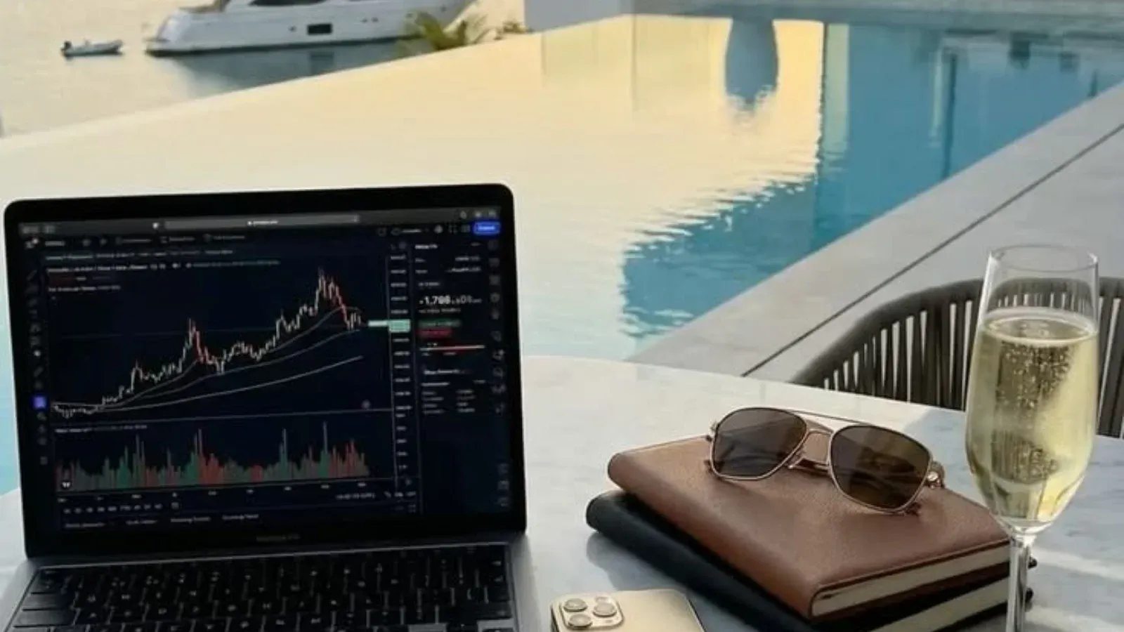laptop showing stock market with a pool and yaghy view