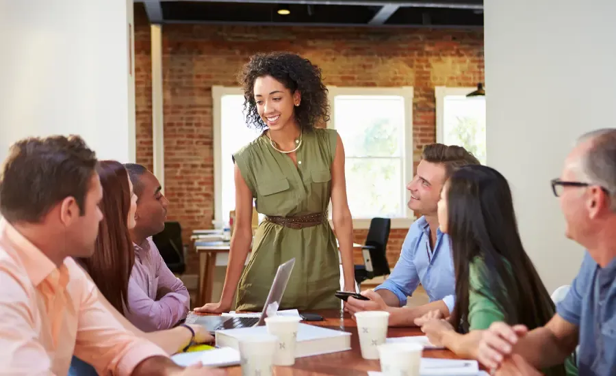 woman talking with confidence in a meeting